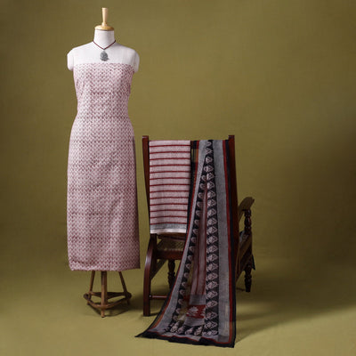 White 3pc Cotton Bagh Print Dress Material with Jewellery Set 