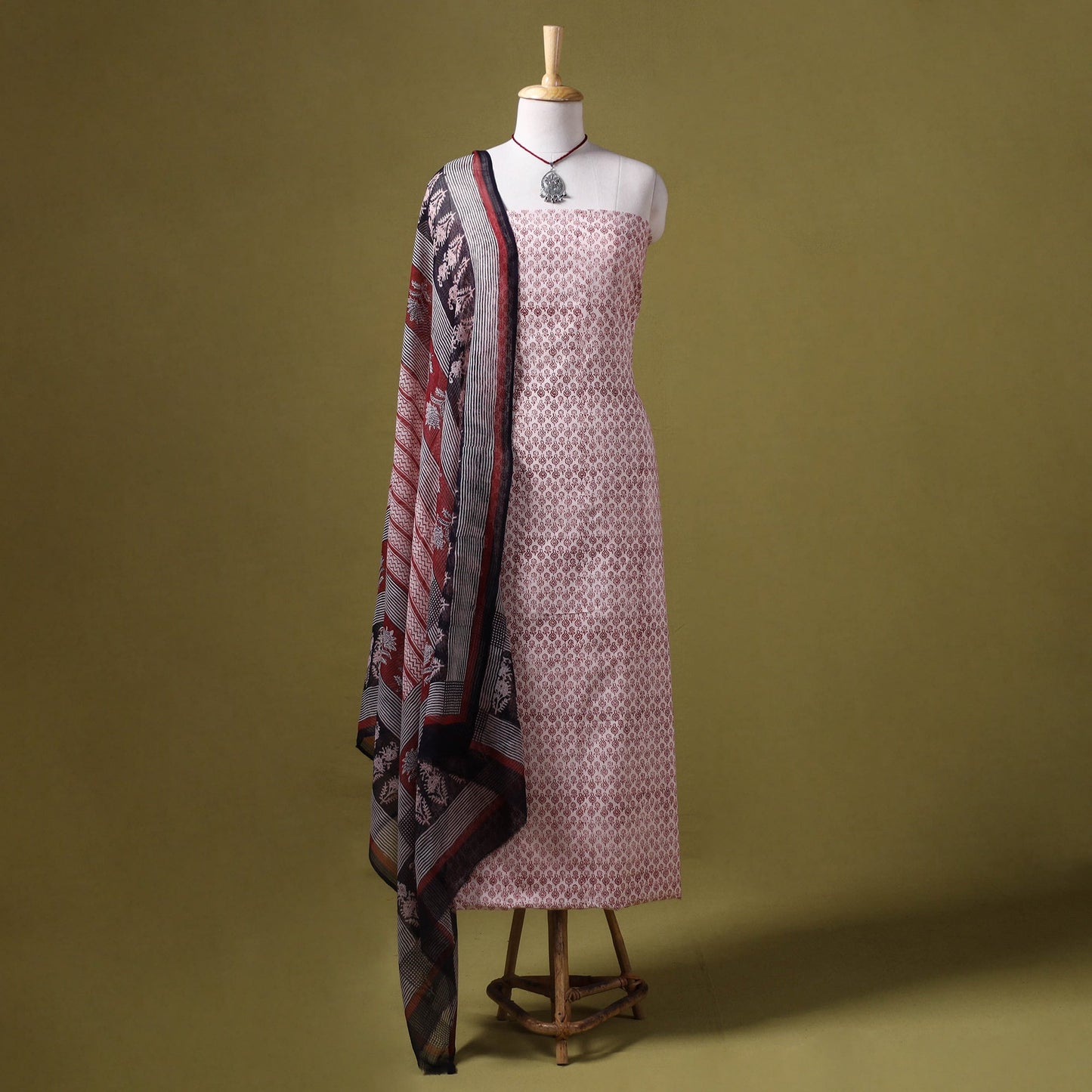 White 3pc Cotton Bagh Print Dress Material with Jewellery Set 