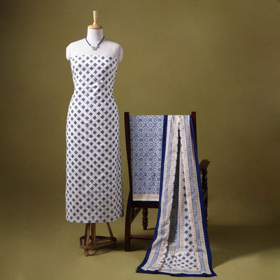 White 3pc Cotton Bagh Print Dress Material with Jewellery Set