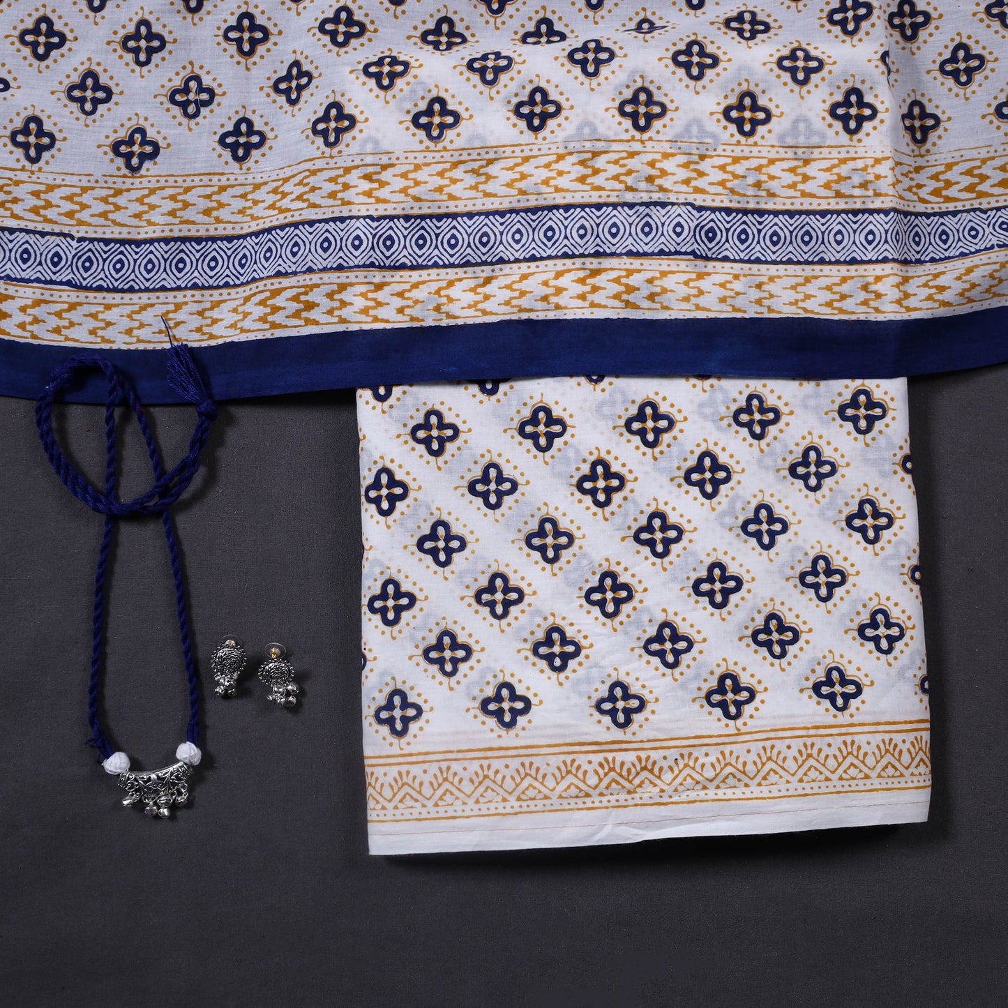 White 3pc Cotton Bagh Print Dress Material with Jewellery Set