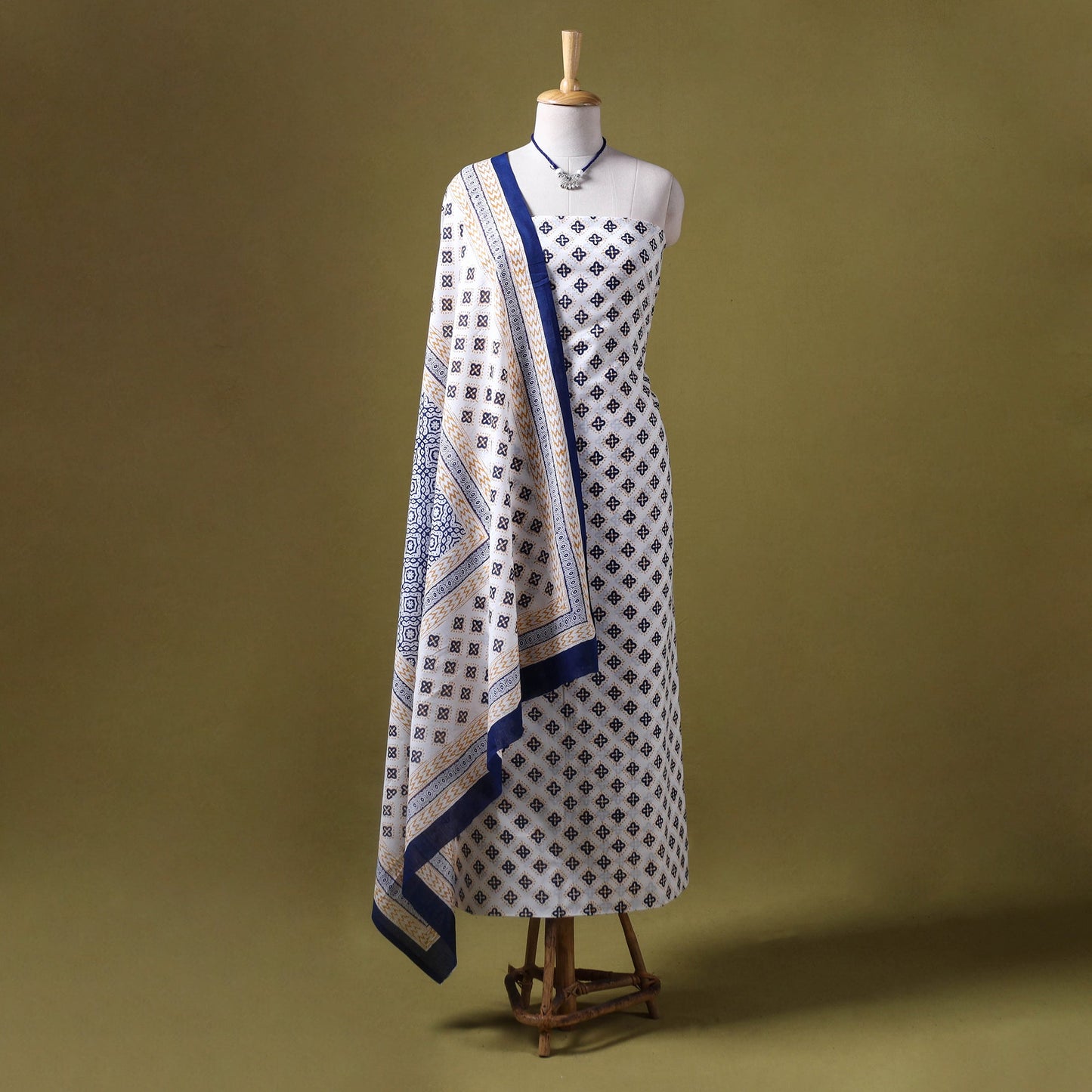 White 3pc Cotton Bagh Print Dress Material with Jewellery Set