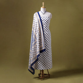 White 3pc Cotton Bagh Print Dress Material with Jewellery Set