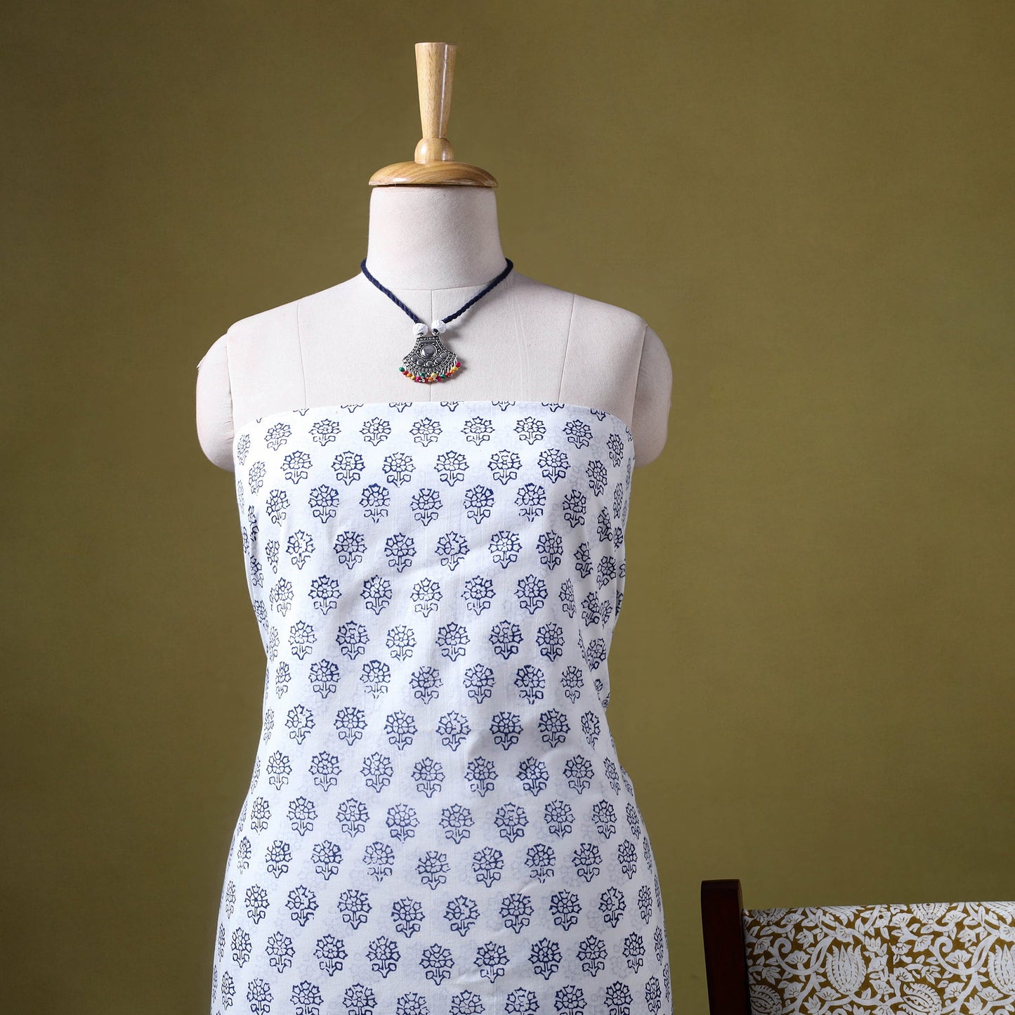 White 3pc Cotton Bagh Print Dress Material with Jewellery Set