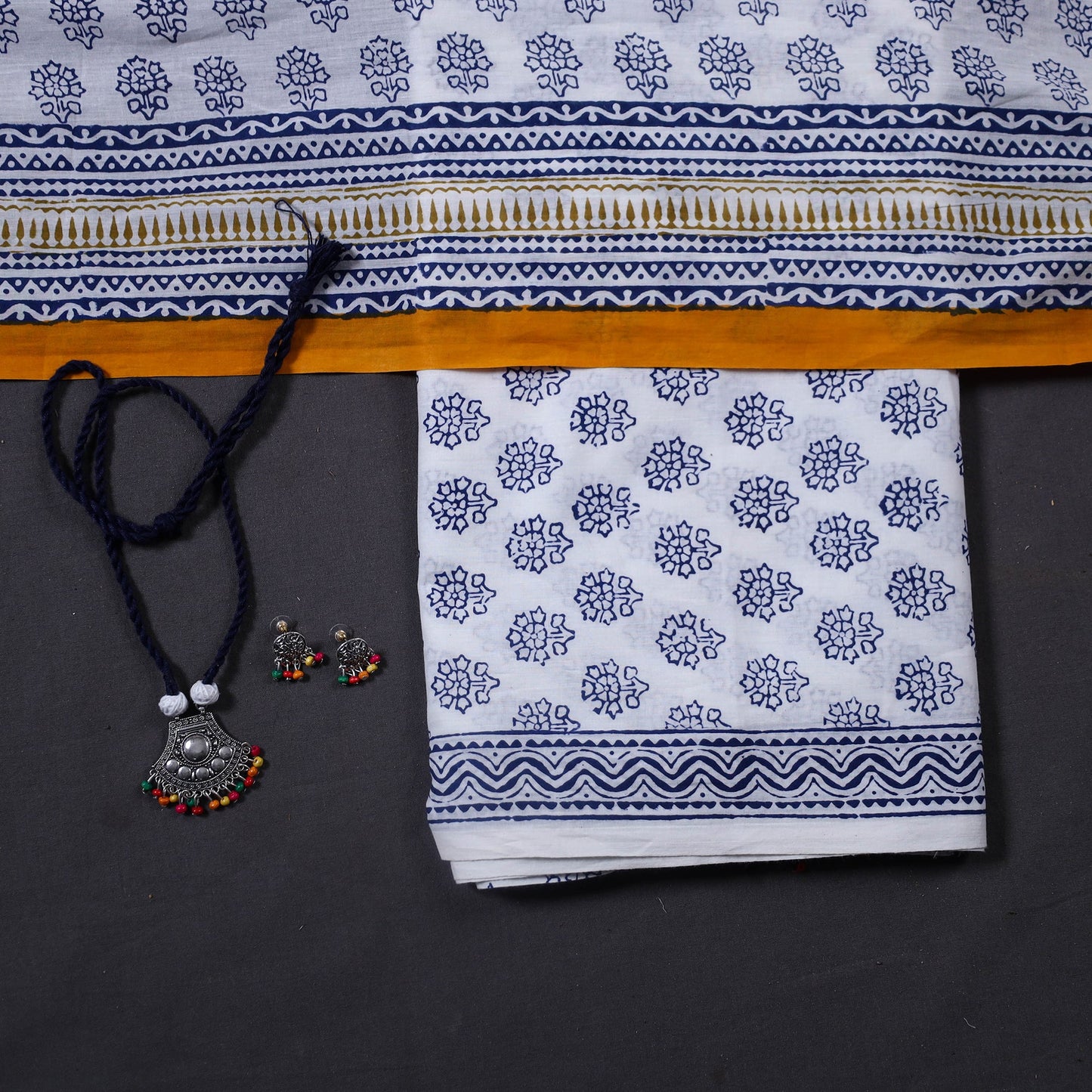 White 3pc Cotton Bagh Print Dress Material with Jewellery Set