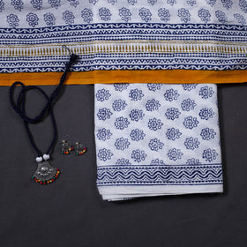 White 3pc Cotton Bagh Print Dress Material with Jewellery Set