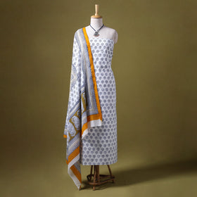 White 3pc Cotton Bagh Print Dress Material with Jewellery Set