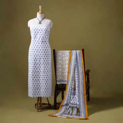 White 3pc Cotton Bagh Print Dress Material with Jewellery Set