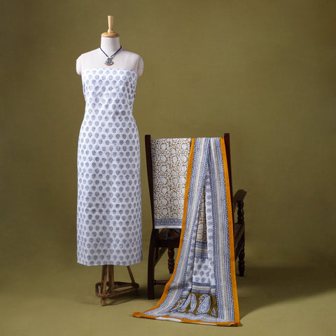 White 3pc Cotton Bagh Print Dress Material with Jewellery Set