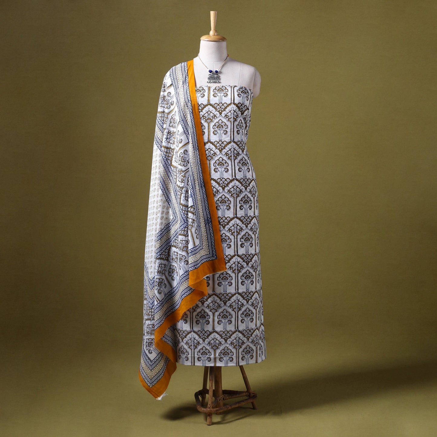 White 3pc Cotton Bagh Print Dress Material with Jewellery Set