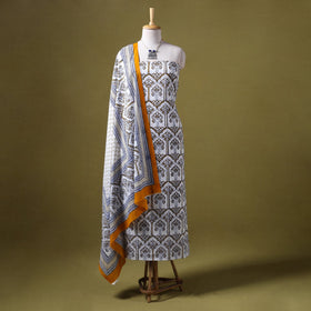 White 3pc Cotton Bagh Print Dress Material with Jewellery Set