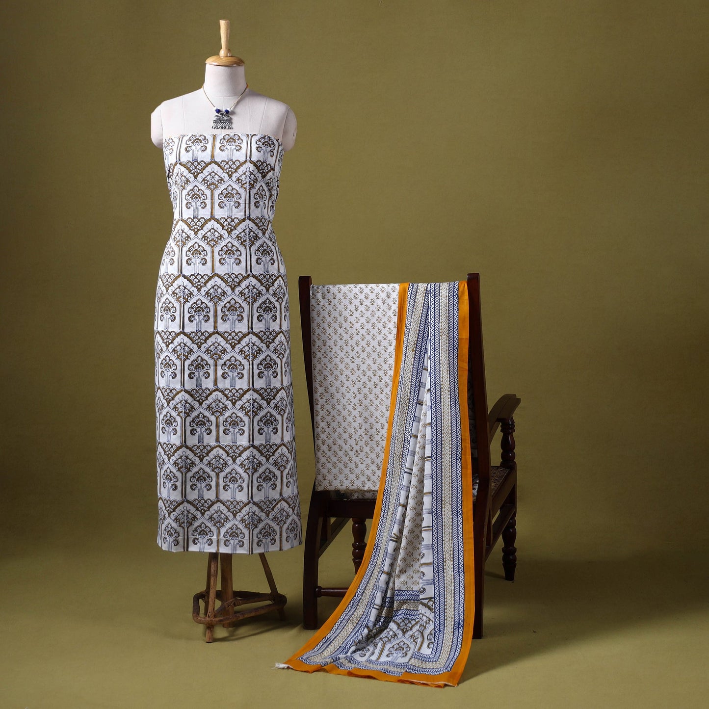 White 3pc Cotton Bagh Print Dress Material with Jewellery Set