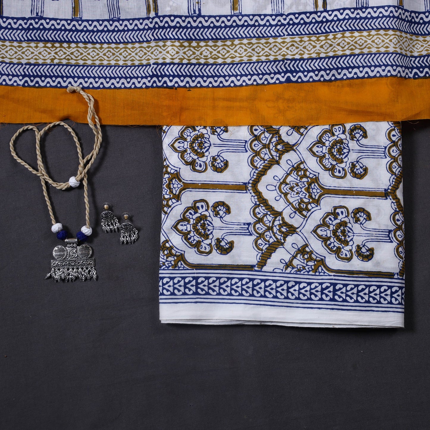 White 3pc Cotton Bagh Print Dress Material with Jewellery Set