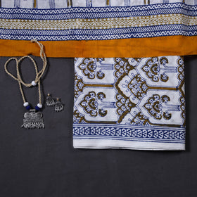 White 3pc Cotton Bagh Print Dress Material with Jewellery Set