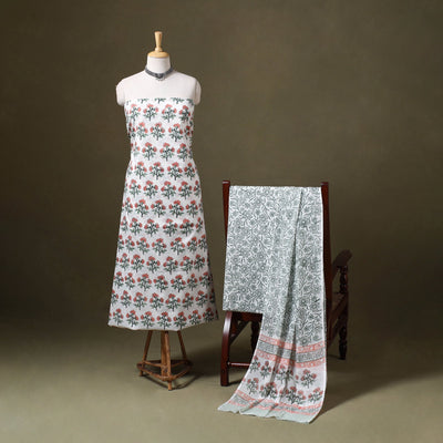 White 3pc Block Print Cotton Sanganeri Dress Material