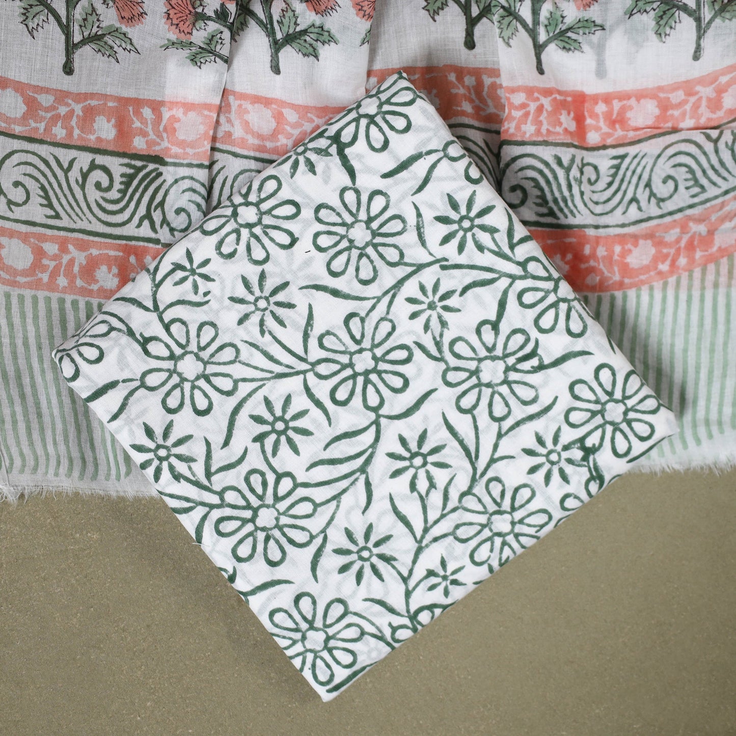 White 3pc Block Print Cotton Sanganeri Dress Material