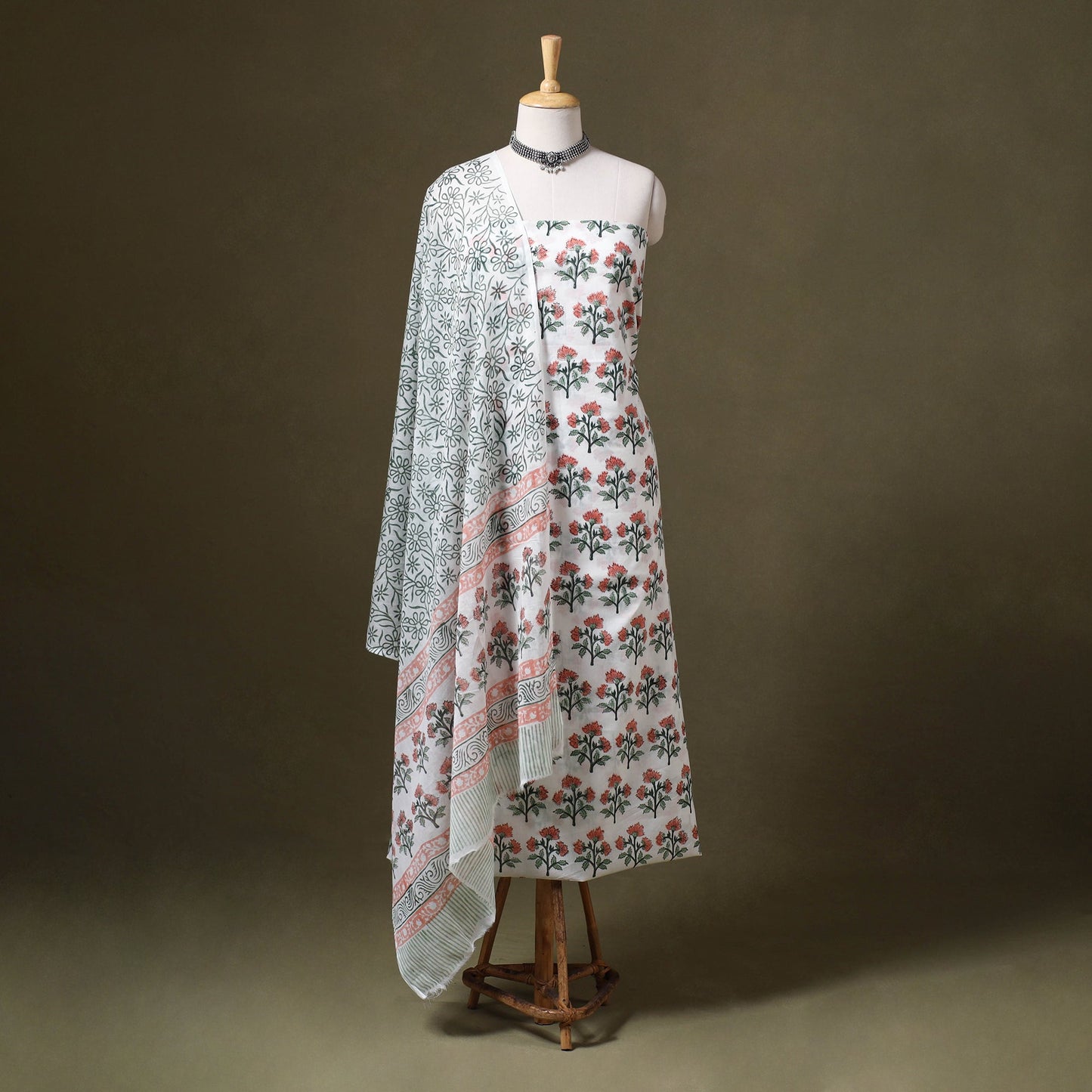 White 3pc Block Print Cotton Sanganeri Dress Material