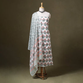 White 3pc Block Print Cotton Sanganeri Dress Material