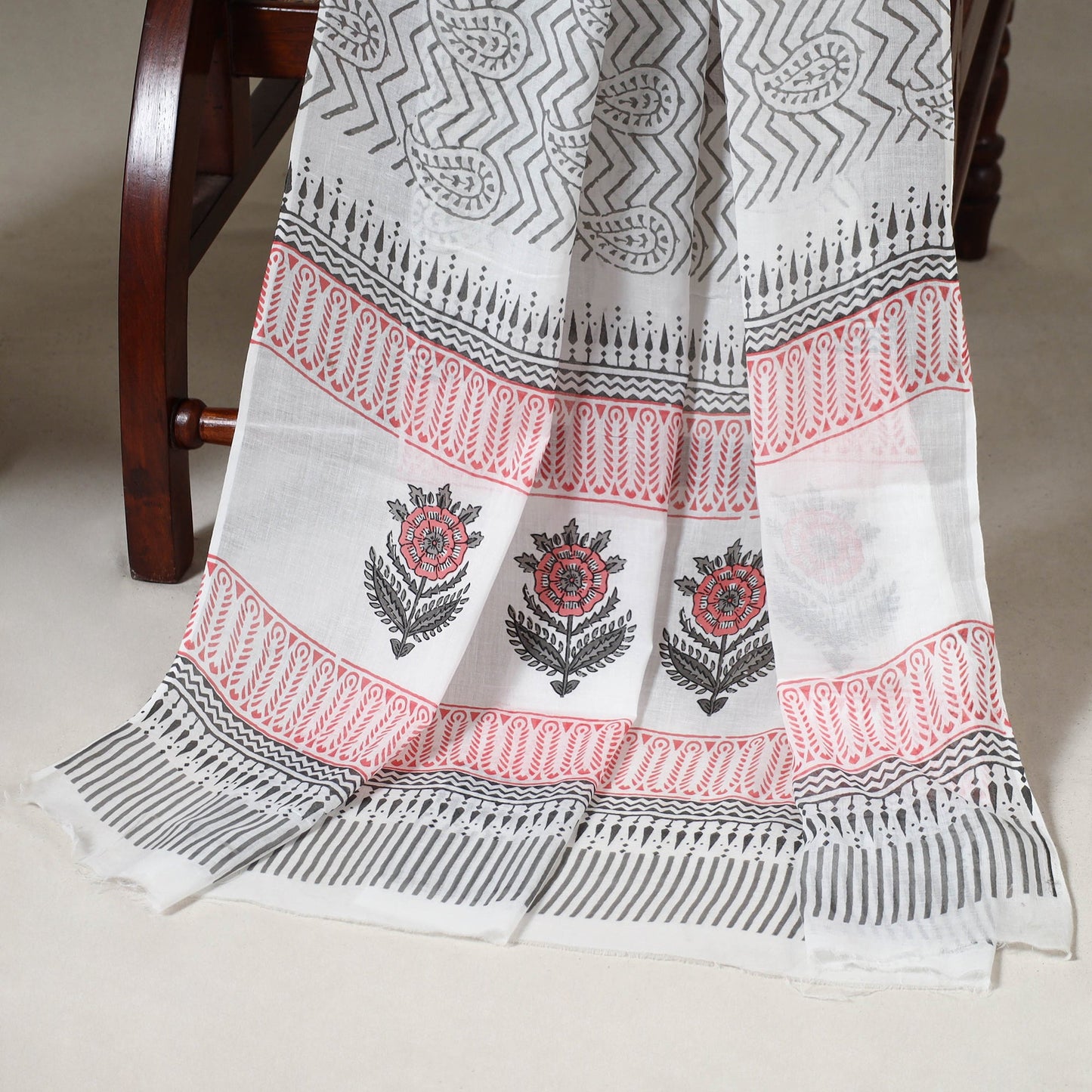 White 3pc Block Print Cotton Sanganeri Dress Material