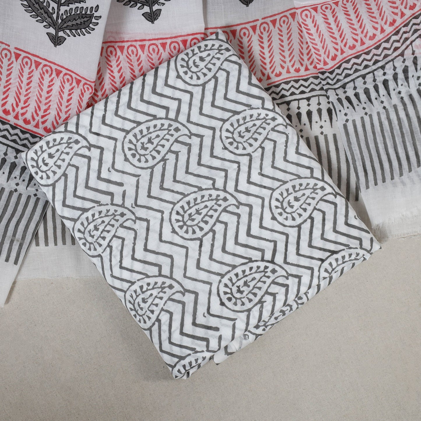 White 3pc Block Print Cotton Sanganeri Dress Material