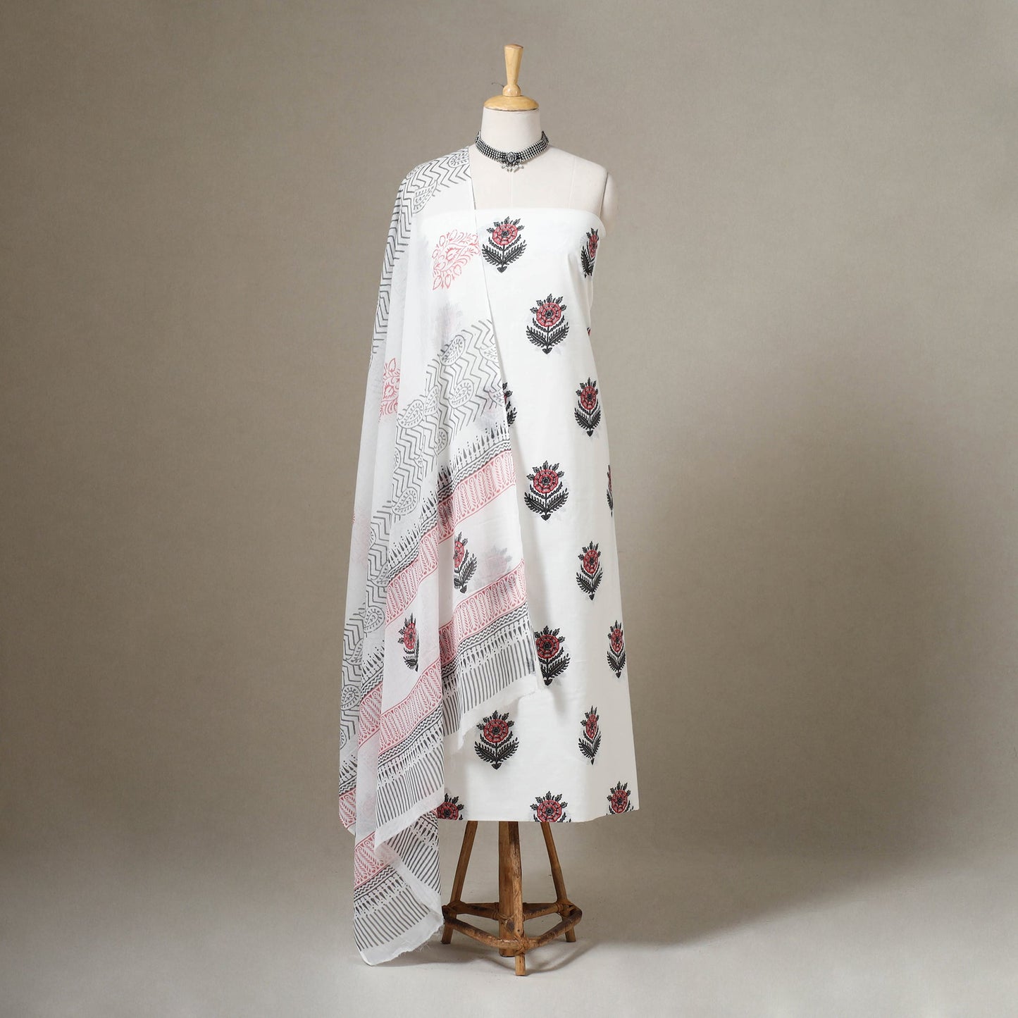 White 3pc Block Print Cotton Sanganeri Dress Material