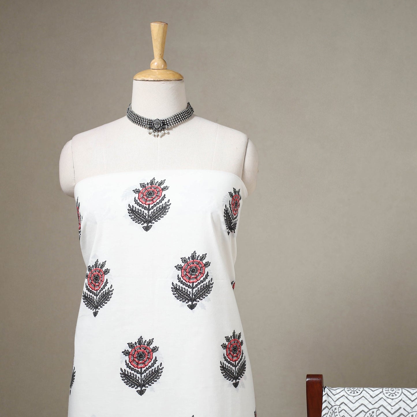 White 3pc Block Print Cotton Sanganeri Dress Material