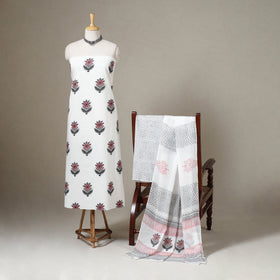 White 3pc Block Print Cotton Sanganeri Dress Material