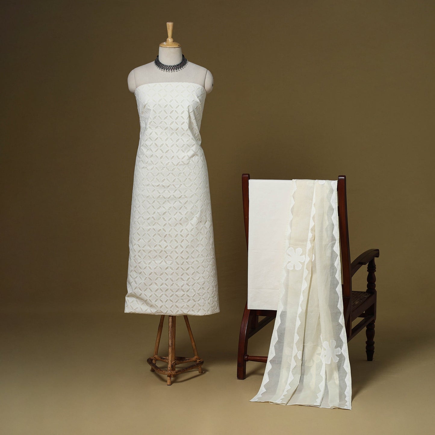 White - 3pc cotton unstitched barmer applique cut work