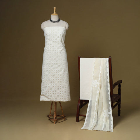 White - 3pc cotton unstitched barmer applique cut work