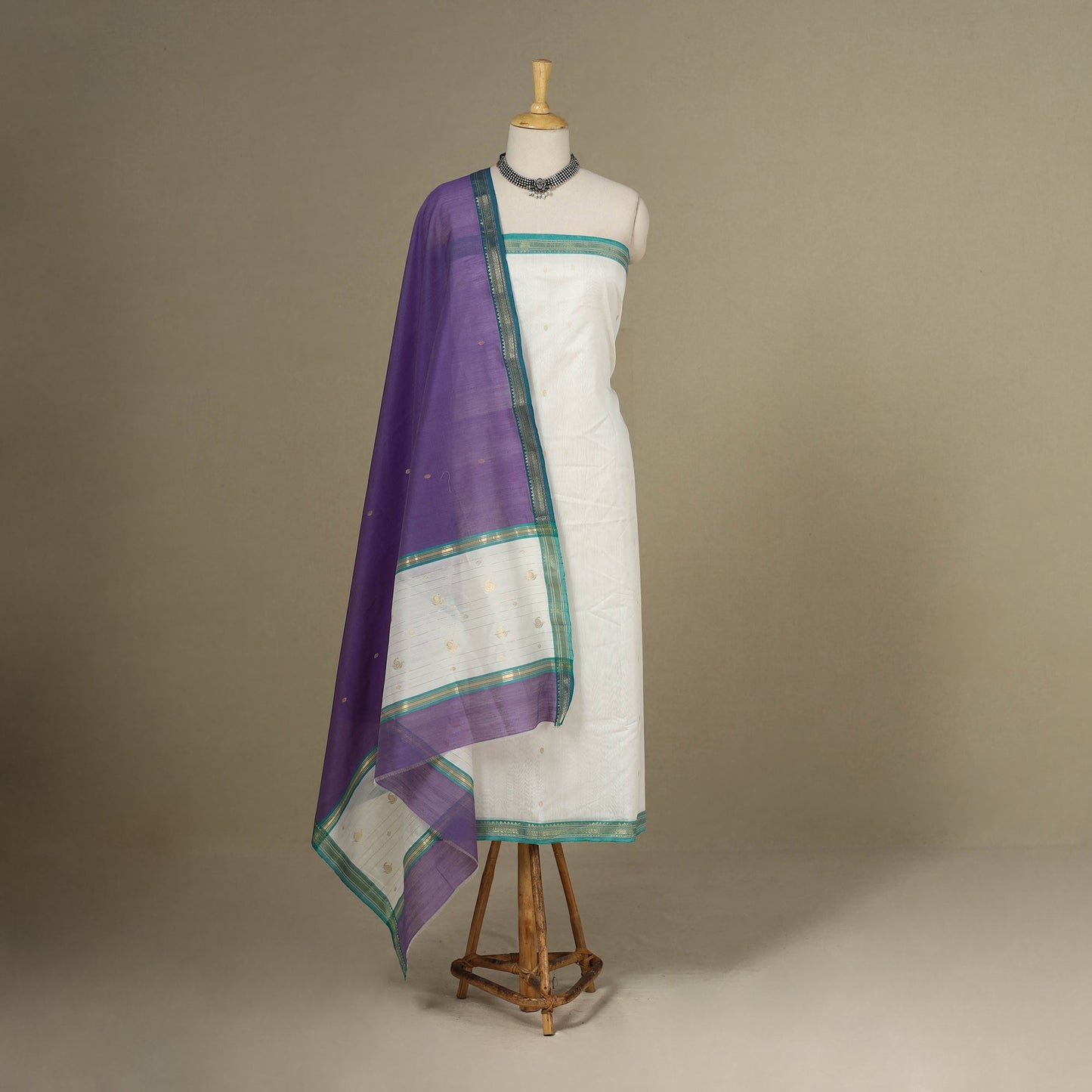 White - 3pc Handloom Nakshi Zari Unstitched Chanderi Silk Dress Material 