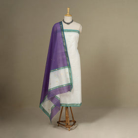 White - 3pc Handloom Nakshi Zari Unstitched Chanderi Silk Dress Material 