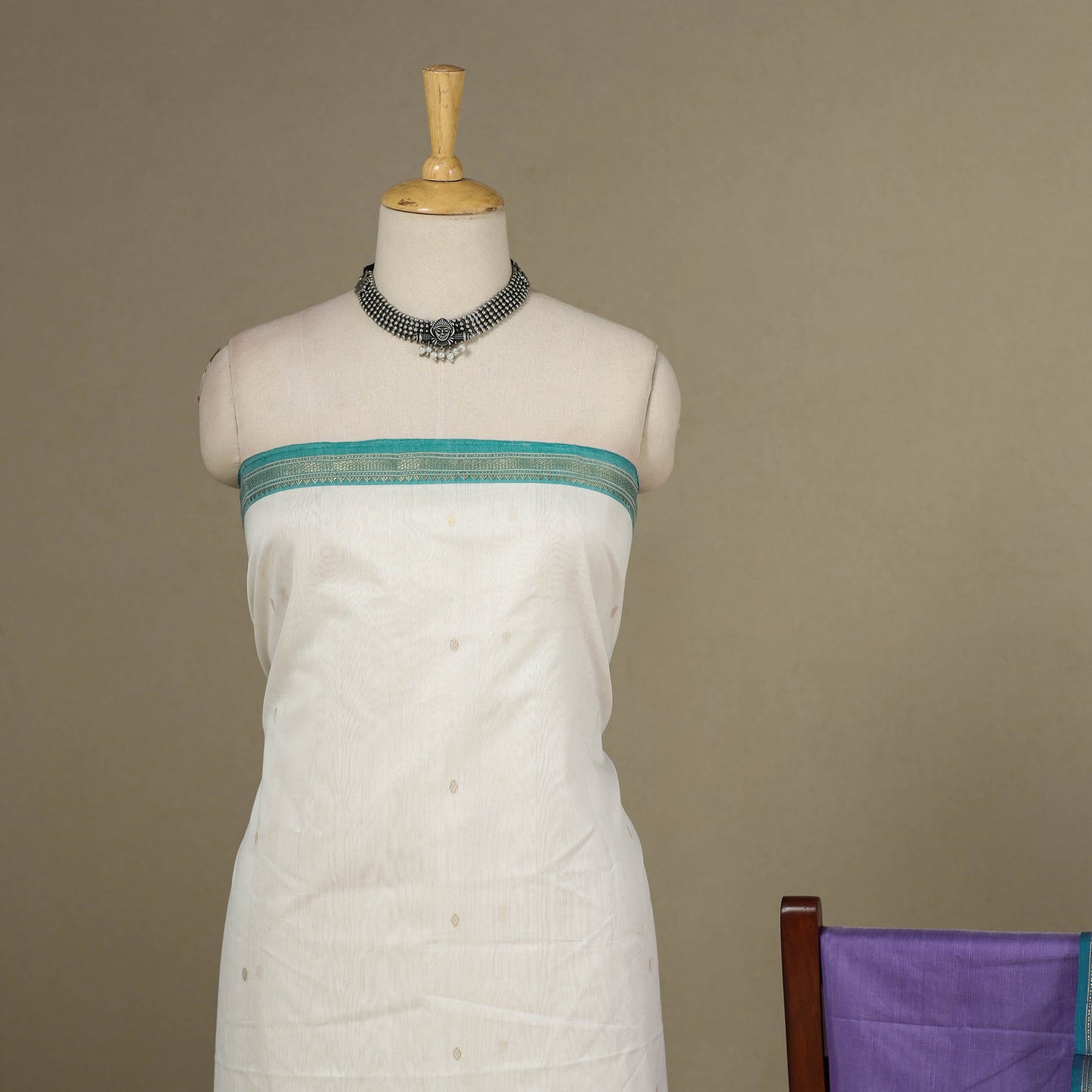 White - 3pc Handloom Nakshi Zari Unstitched Chanderi Silk Dress Material 