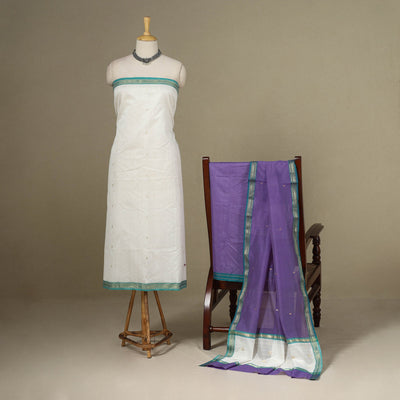 White - 3pc Handloom Nakshi Zari Unstitched Chanderi Silk Dress Material 