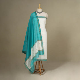 White - 3pc Handloom Zari Buti Unstitched Chanderi Silk Dress Material 