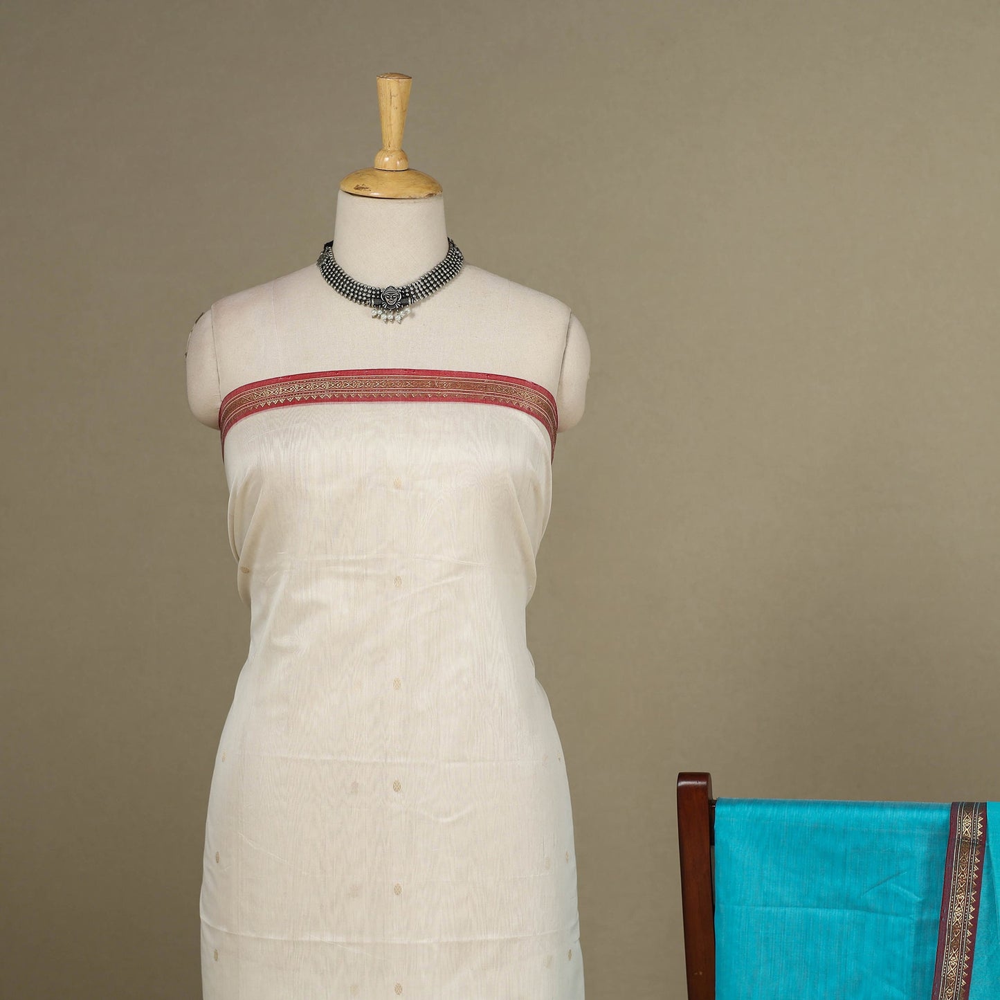 White - 3pc Handloom Zari Buti Unstitched Chanderi Silk Dress Material 