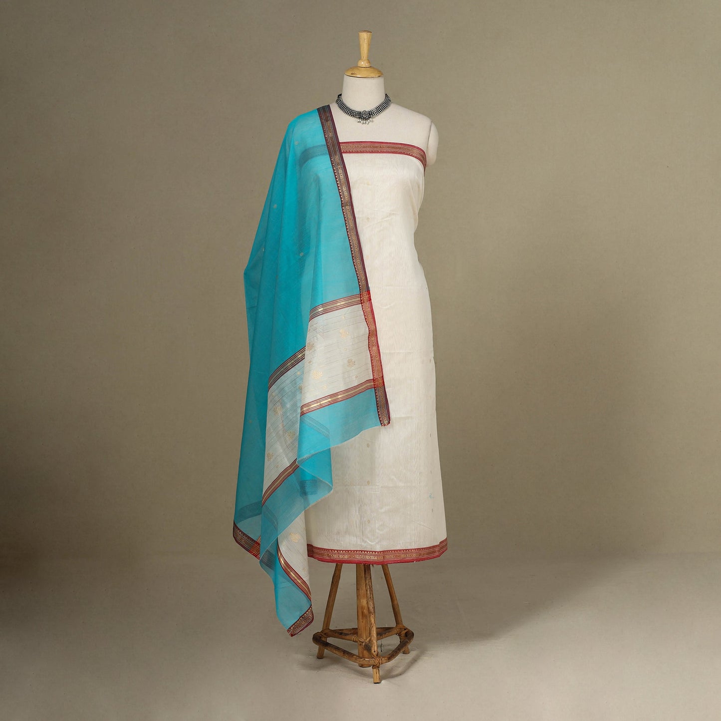 White - 3pc Handloom Zari Buti Unstitched Chanderi Silk Dress Material 