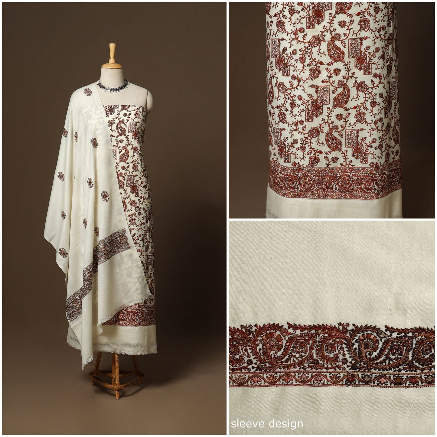 White - 3pc heavy hand embroidered work merino wool