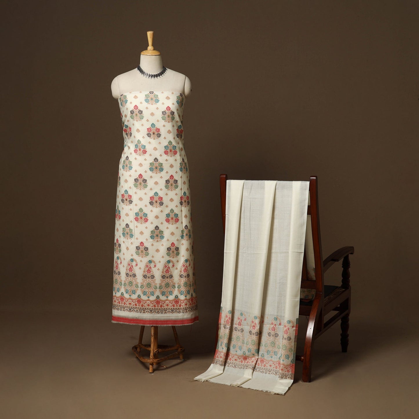 White - 3pc jacquard weave merino wool unstitched dress