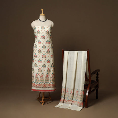 White - 3pc jacquard weave merino wool unstitched dress