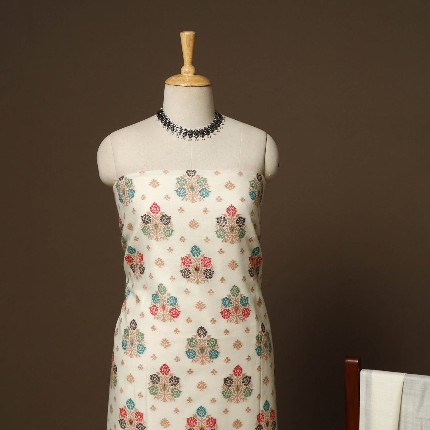 White - 3pc jacquard weave merino wool unstitched dress