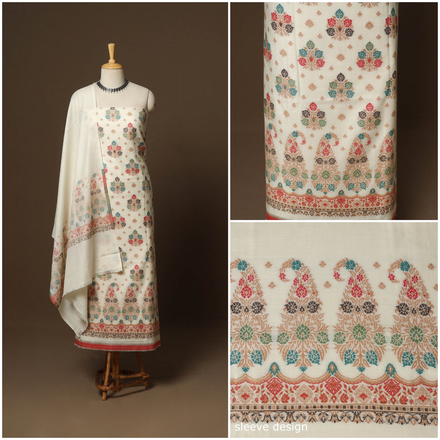 White - 3pc jacquard weave merino wool unstitched dress