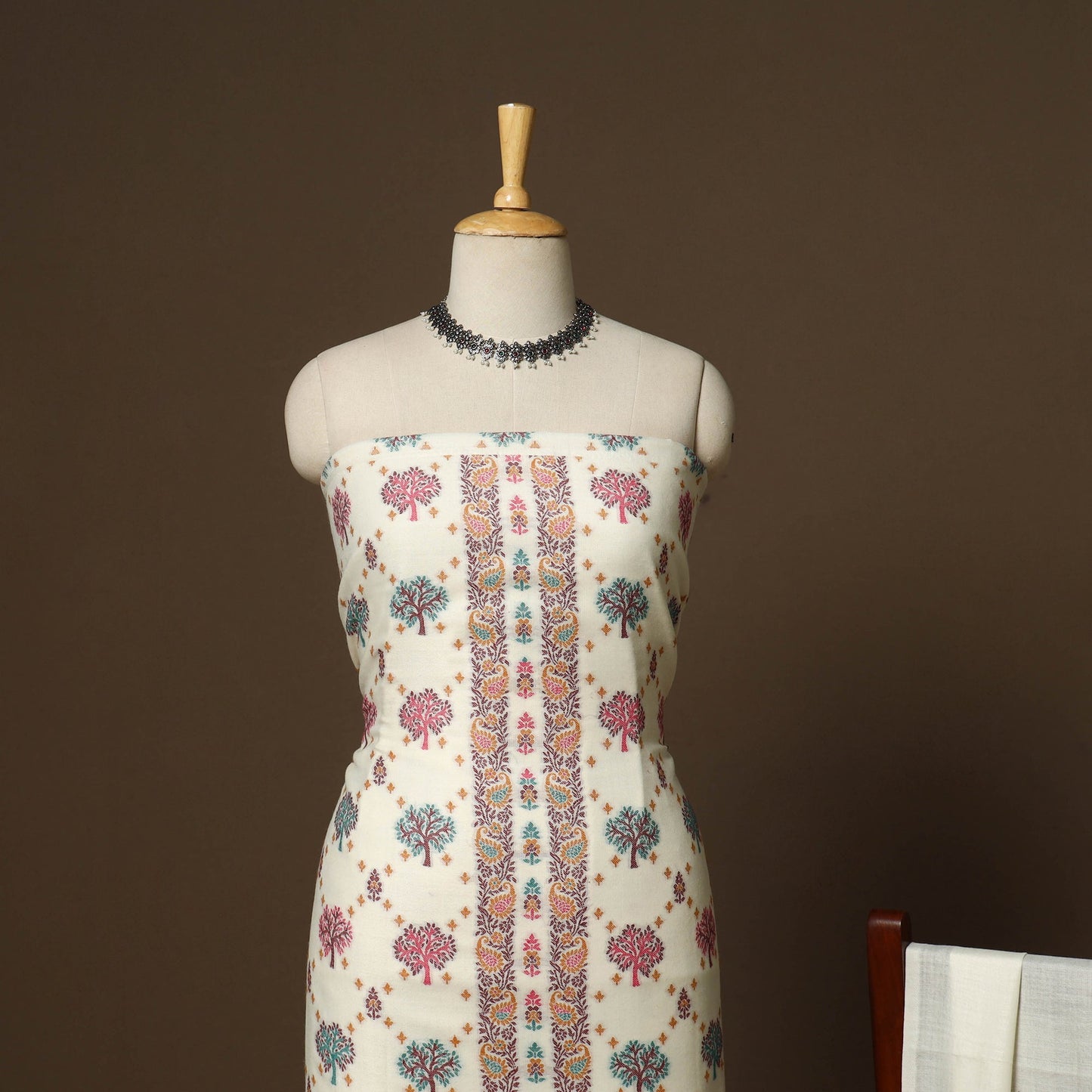 White - 3pc jacquard weave merino wool unstitched dress