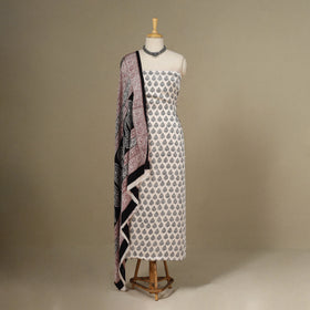 White - 3pc Modal Silk Unstitched Bagh Print Suit Material Set 