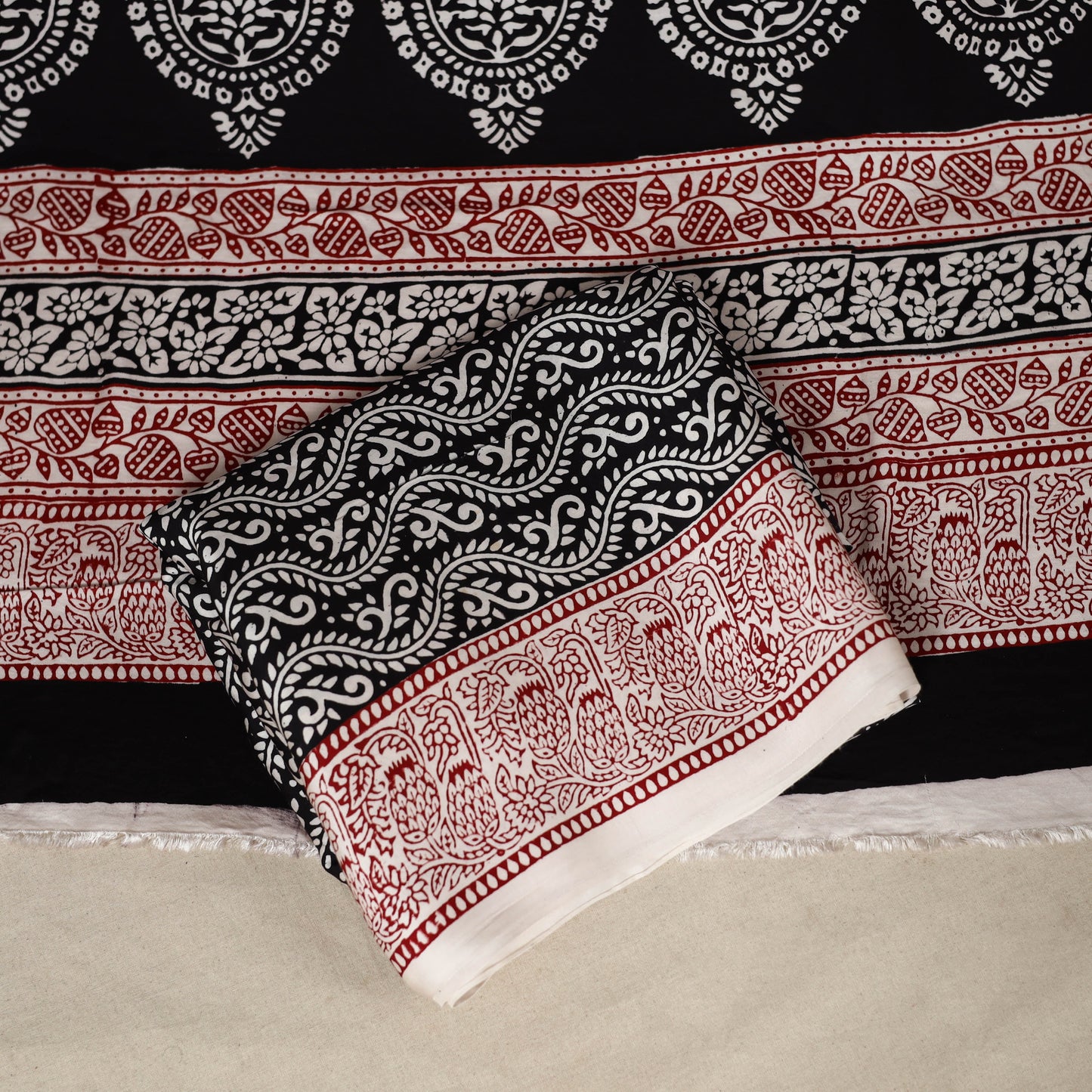 White - 3pc Modal Silk Unstitched Bagh Print Suit Material Set 