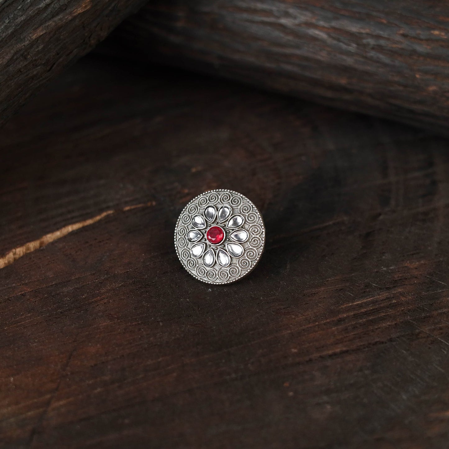 White - antique silver finish oxidised stone work ring 102