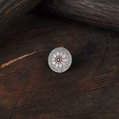 White - antique silver finish oxidised stone work ring 98