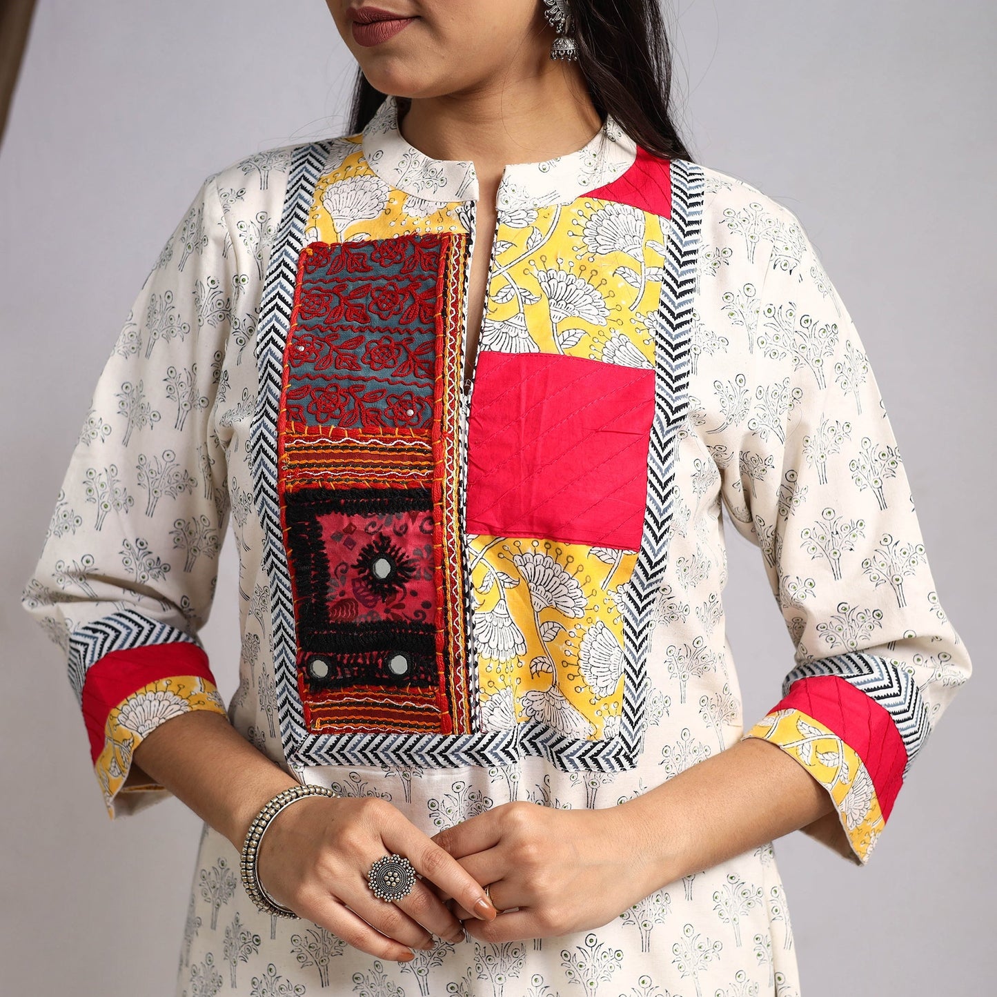 White Artisanal Block Print Cotton A-Line Mangalagiri Kurta for Women