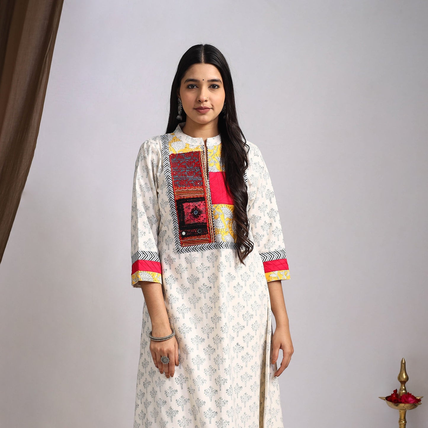 White Artisanal Block Print Cotton A-Line Mangalagiri Kurta for Women