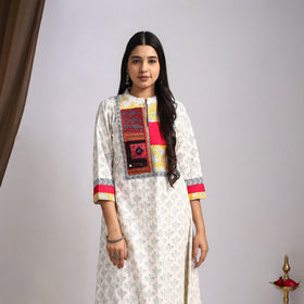 White Artisanal Block Print Cotton A-Line Mangalagiri Kurta for Women