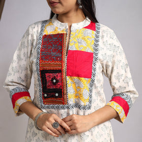 White Artisanal Block Print Cotton A-Line Mangalagiri Kurta for Women