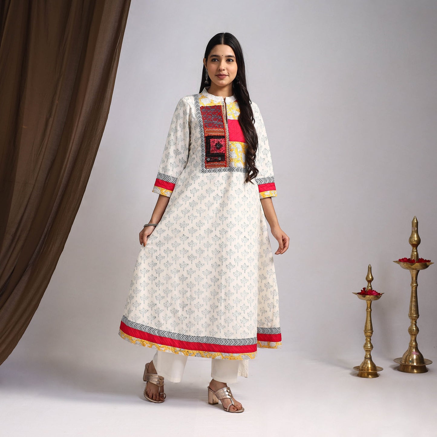 White Artisanal Block Print Cotton A-Line Mangalagiri Kurta for Women